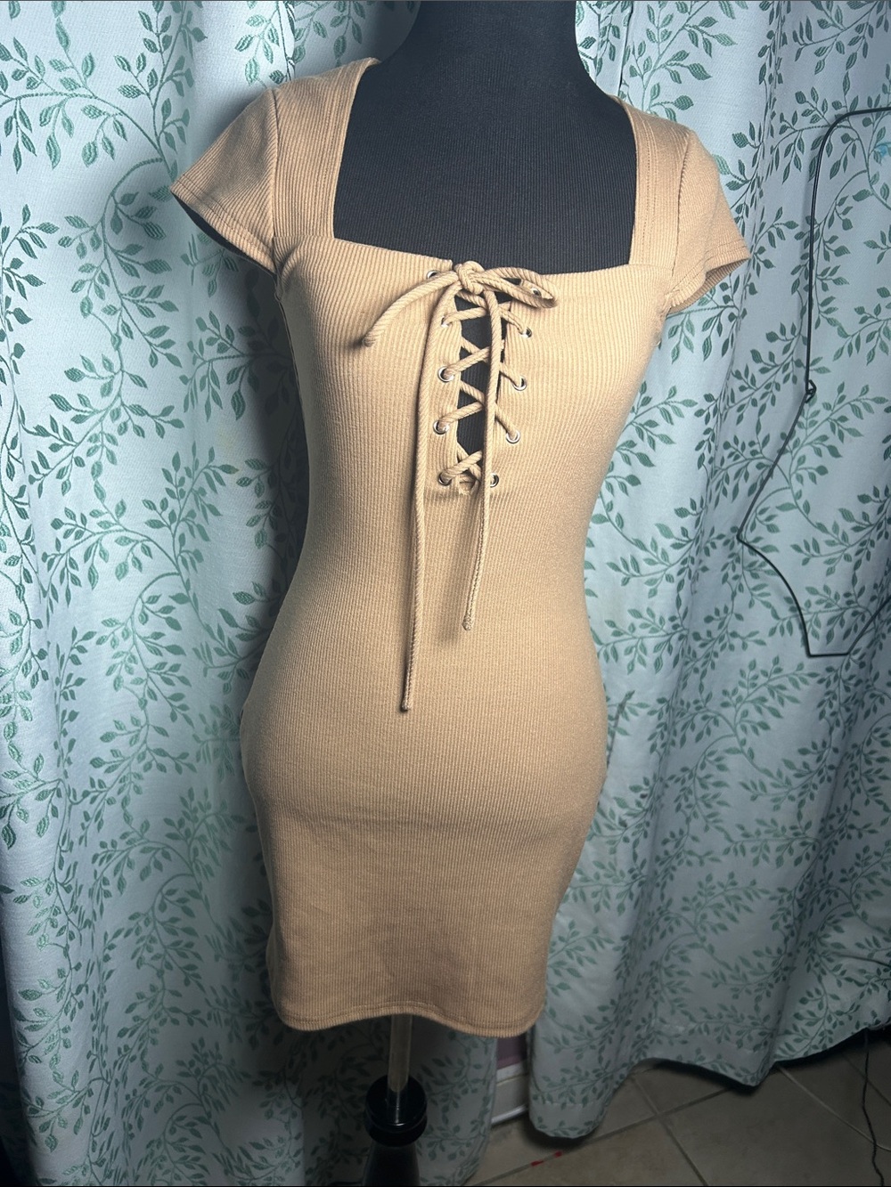 Princess Polly Beige Lace-Up Ribbed Bodycon Dress
